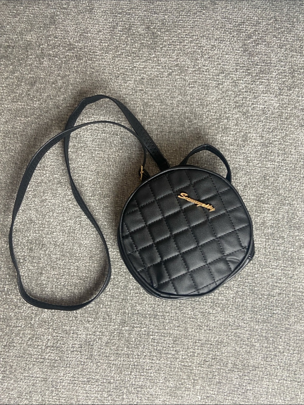 Quilted Black Round Crossbody with Gold Accent
